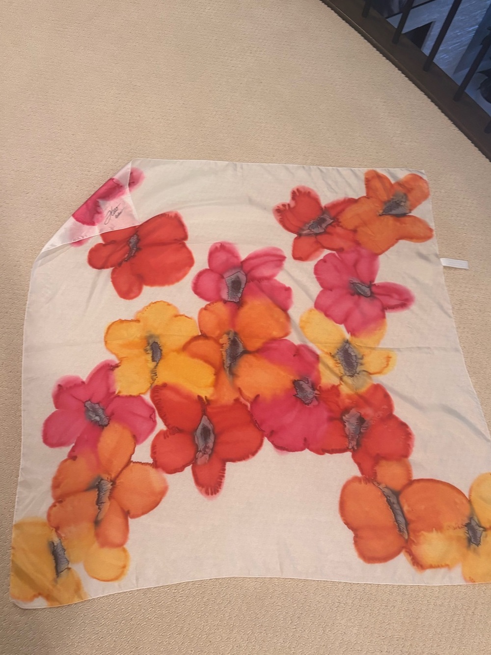La Soierie Hand Painted Floral Scarf in Red, Pink & Yellow